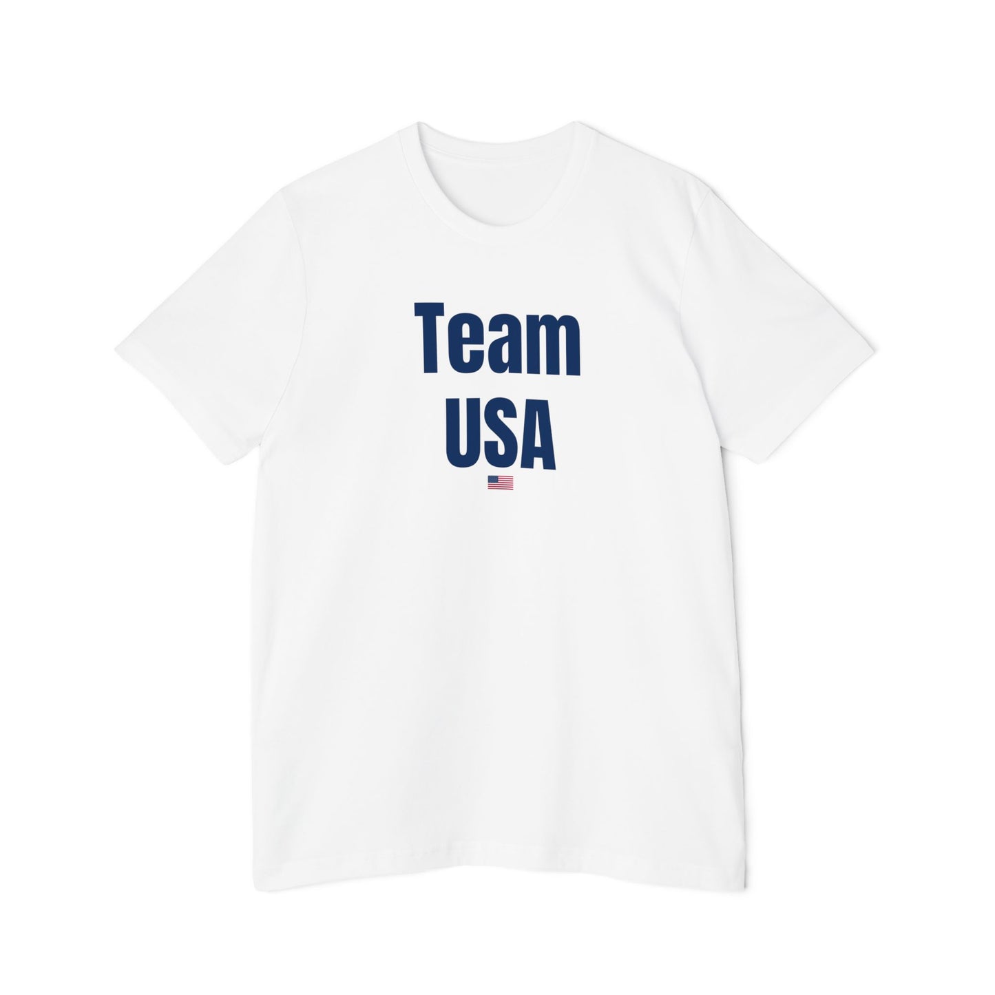 White Team USA T-shirt with bold 'Team USA' text and a small USA flag underneath. Simple patriotic design on a classic fit T-shirt.