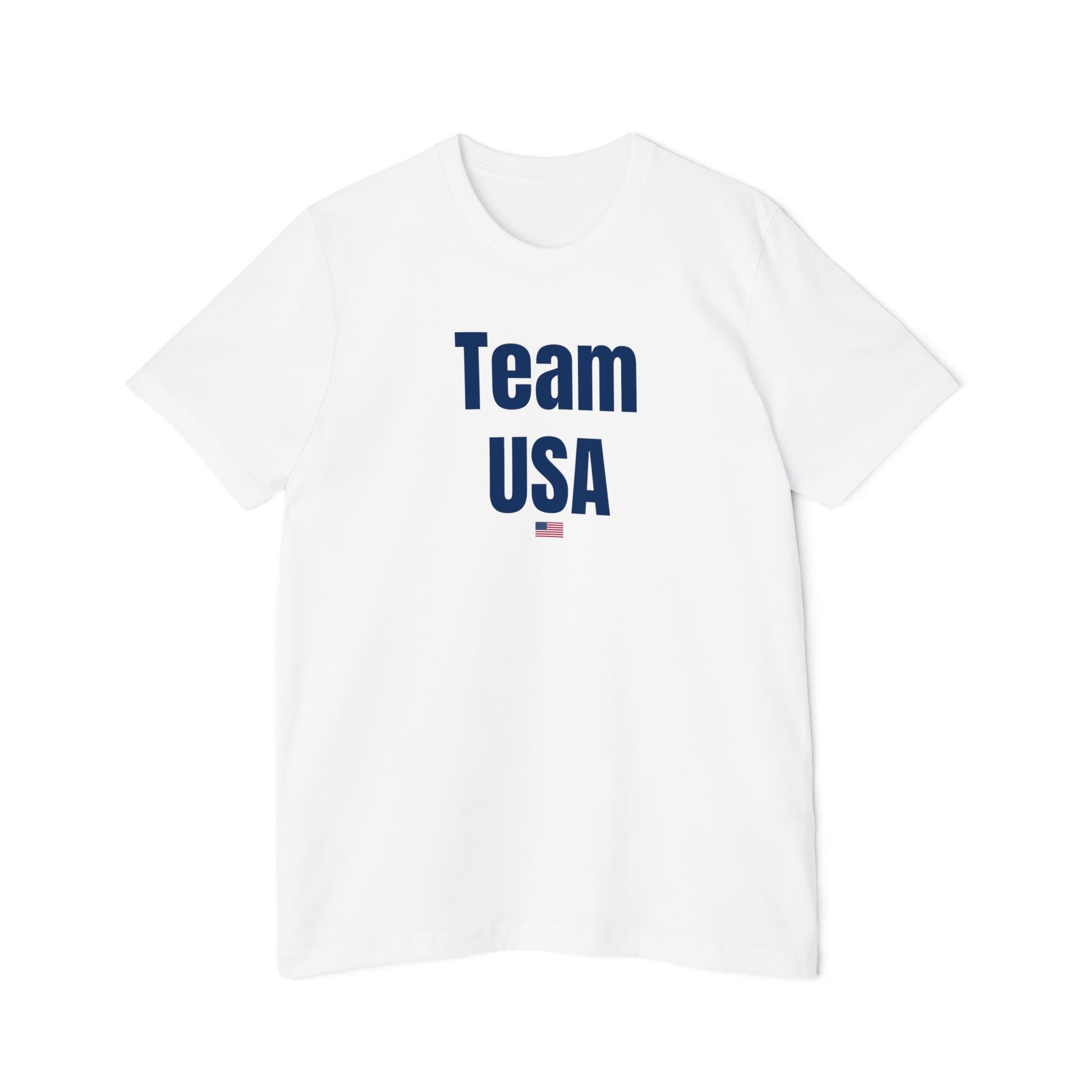 White Team USA T-shirt with bold 'Team USA' text and a small USA flag underneath. Simple patriotic design on a classic fit T-shirt.