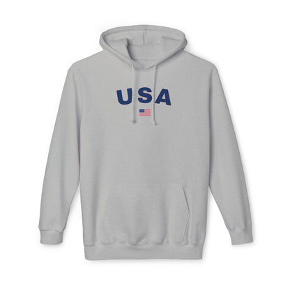 Light gray hoodie with the text 'USA' in bold navy blue letters across the chest. Below the text, there is a small American flag