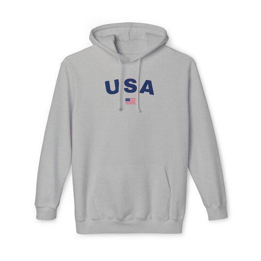 Light gray hoodie with the text 'USA' in bold navy blue letters across the chest. Below the text, there is a small American flag