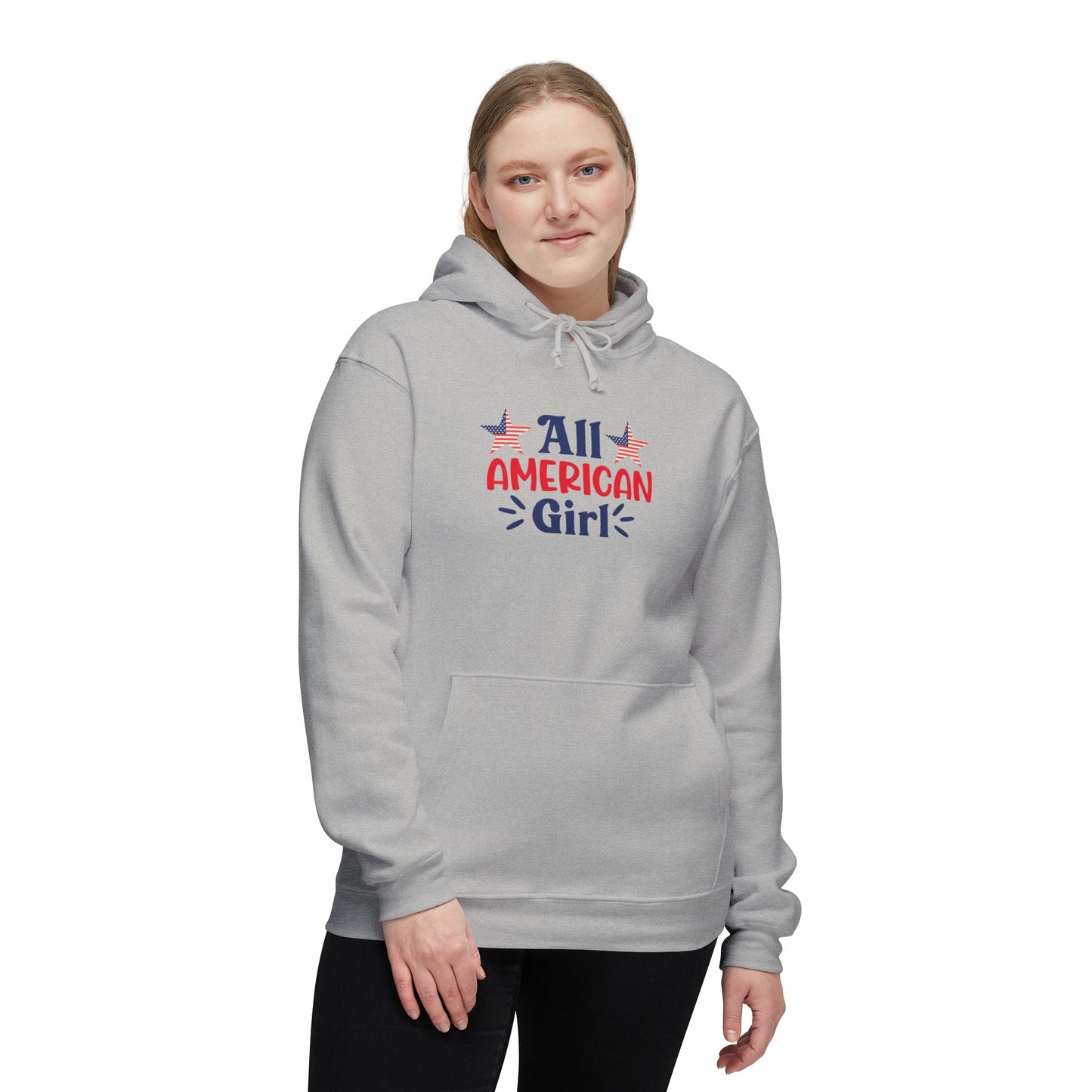 Woman wearing a gray hoodie with 'All American Girl' text in red and blue, featuring two American flag stars above the text