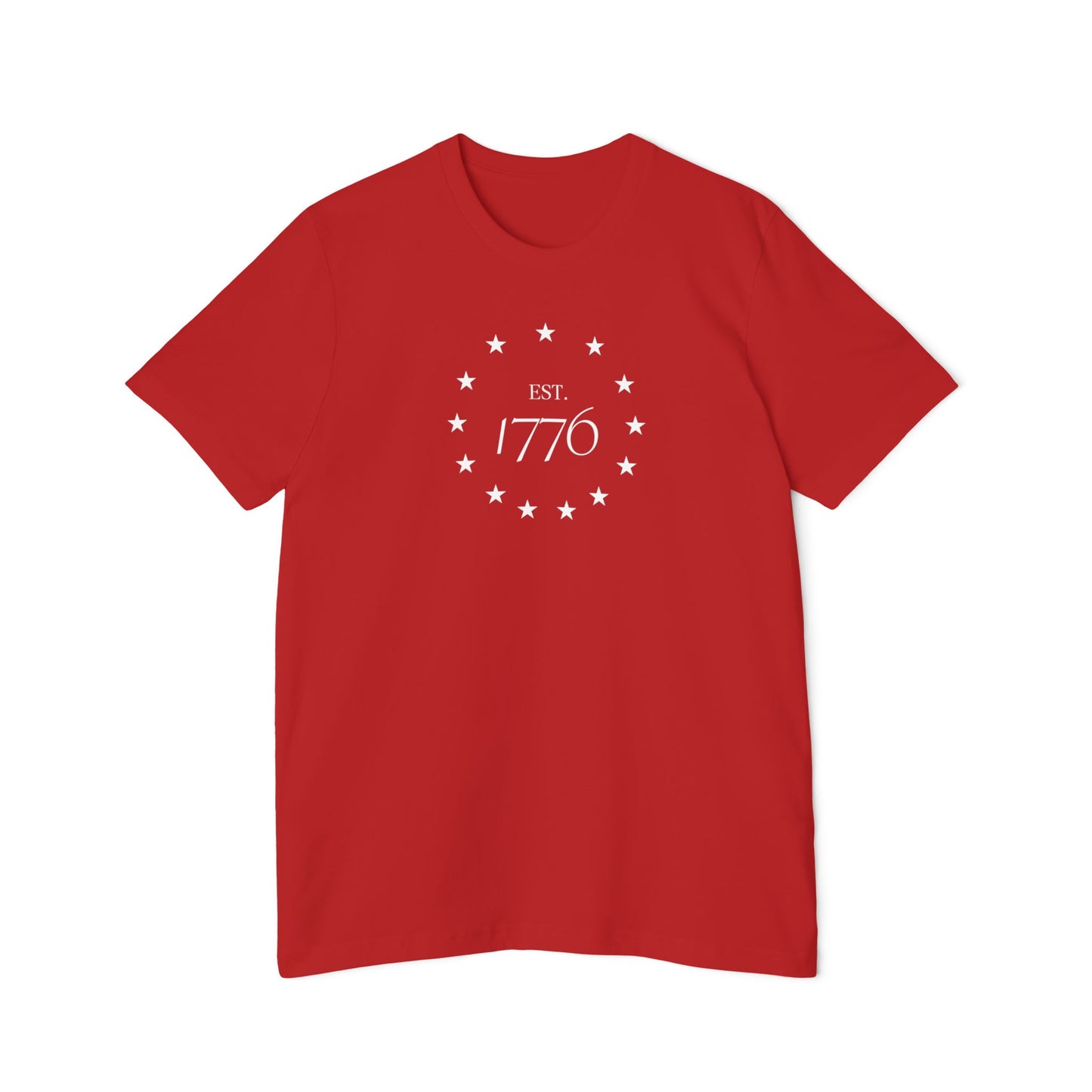 Red T-shirt with 'EST. 1776' text in white, surrounded by a circle of 13 white stars