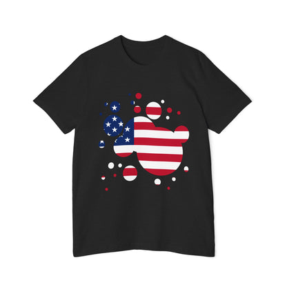 Black t-shirt featuring an abstract American flag design with red and white stripes and blue stars, arranged in scattered bubble shapes