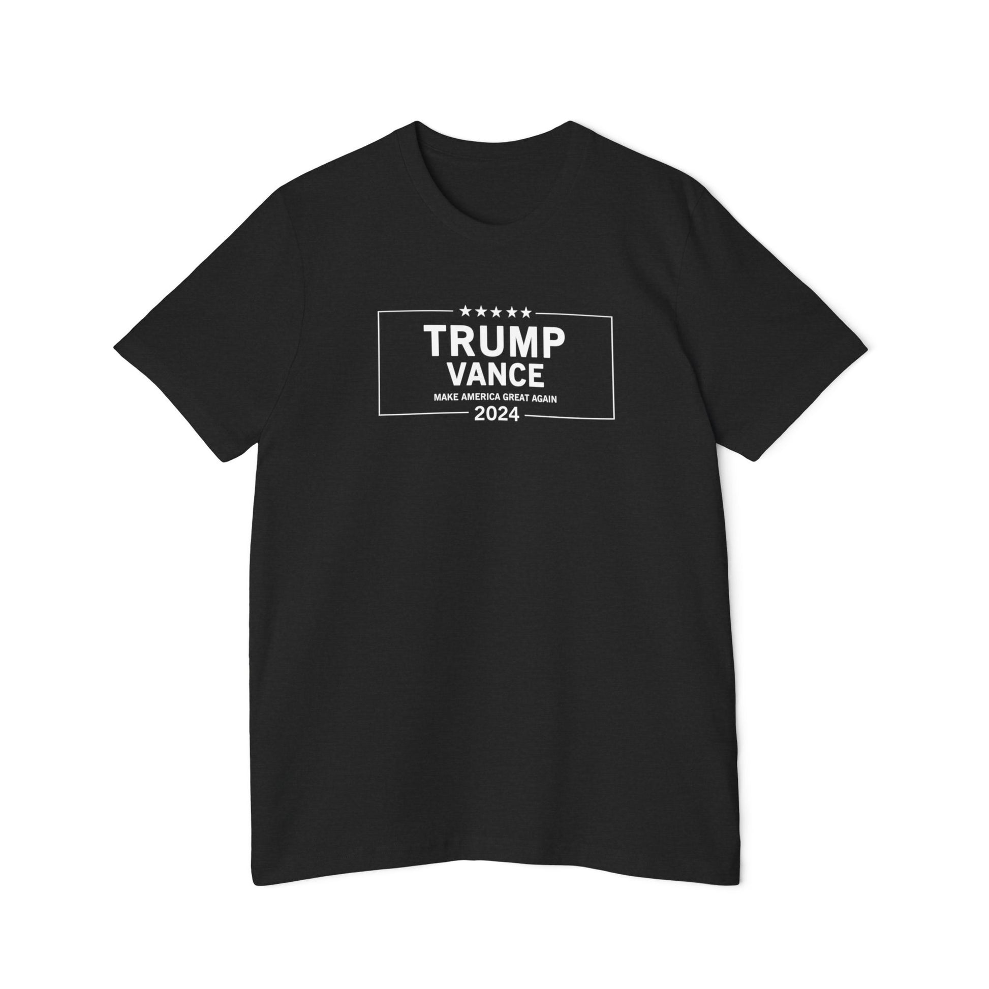 Black T-shirt with a white graphic design featuring the text 'Trump Vance 2024 Make America Great Again' framed within a rectangular border and five stars above the text