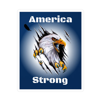 Blue decal showing an eagle ripping through the middle of the design with the words, "America Strong", around the eagle.