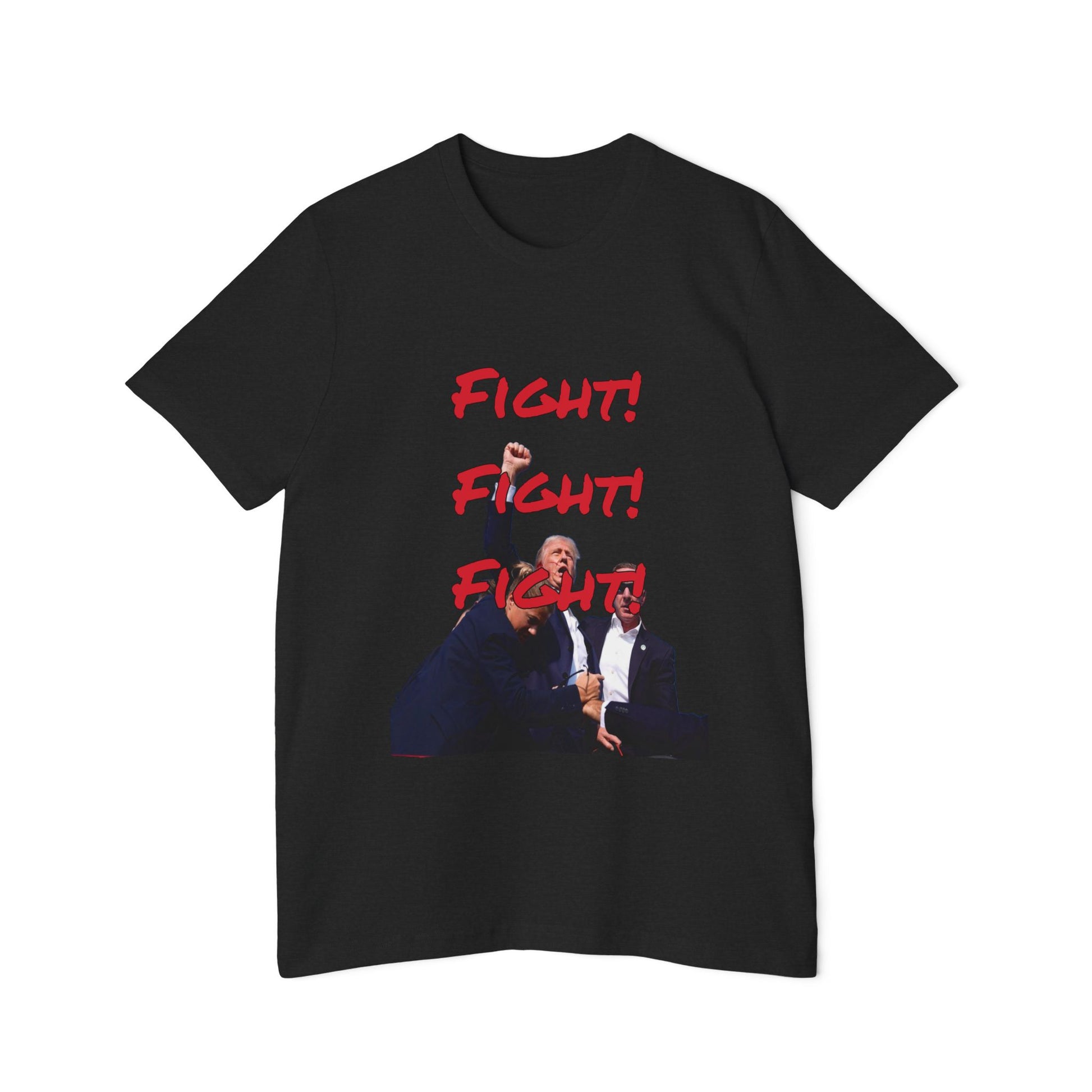 Black T-shirt featuring an image of Donald Trump with security agents, with the words 'FIGHT! FIGHT! FIGHT!' in bold red text above the image