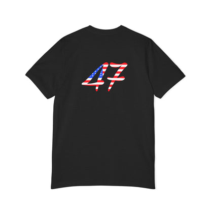 The back of a black T-shirt featuring the number "47" on it in a bold design filled with American flag colors.