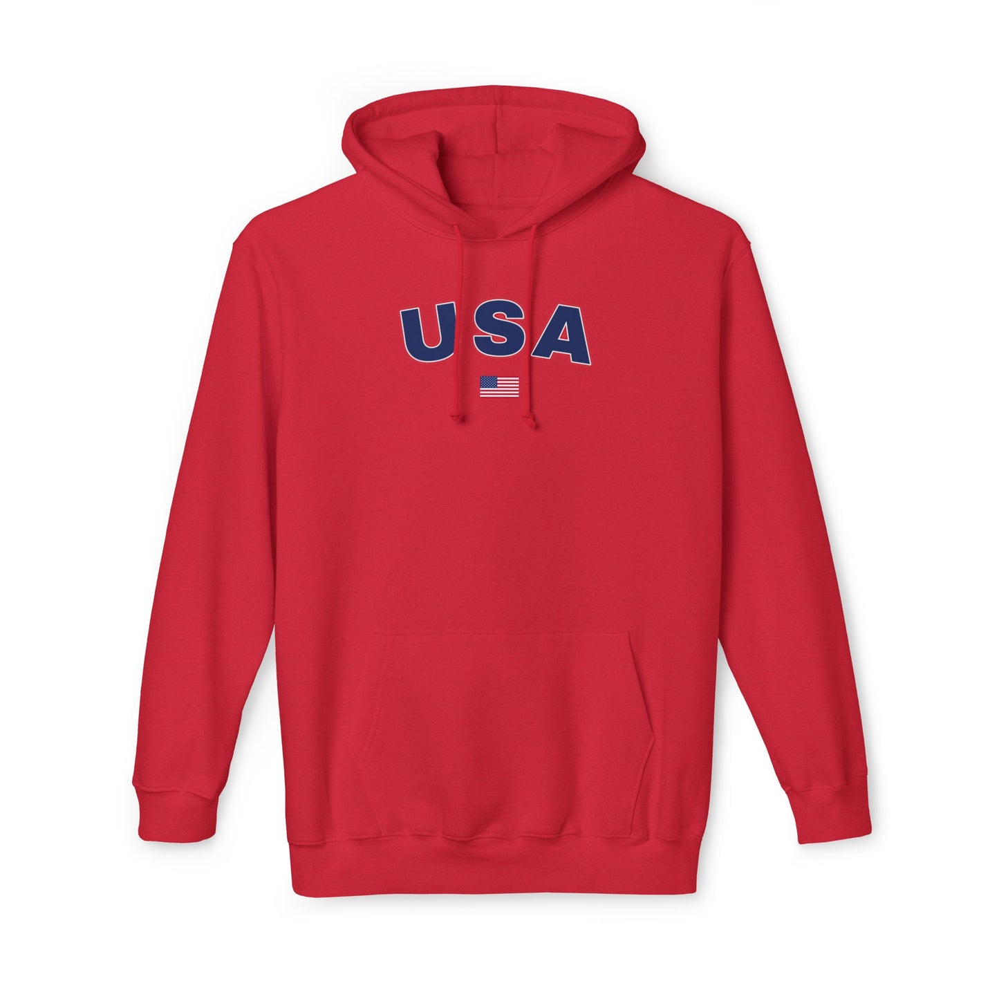 Red hoodie with the text 'USA' in bold navy blue letters across the chest. Below the text, there is a small American flag