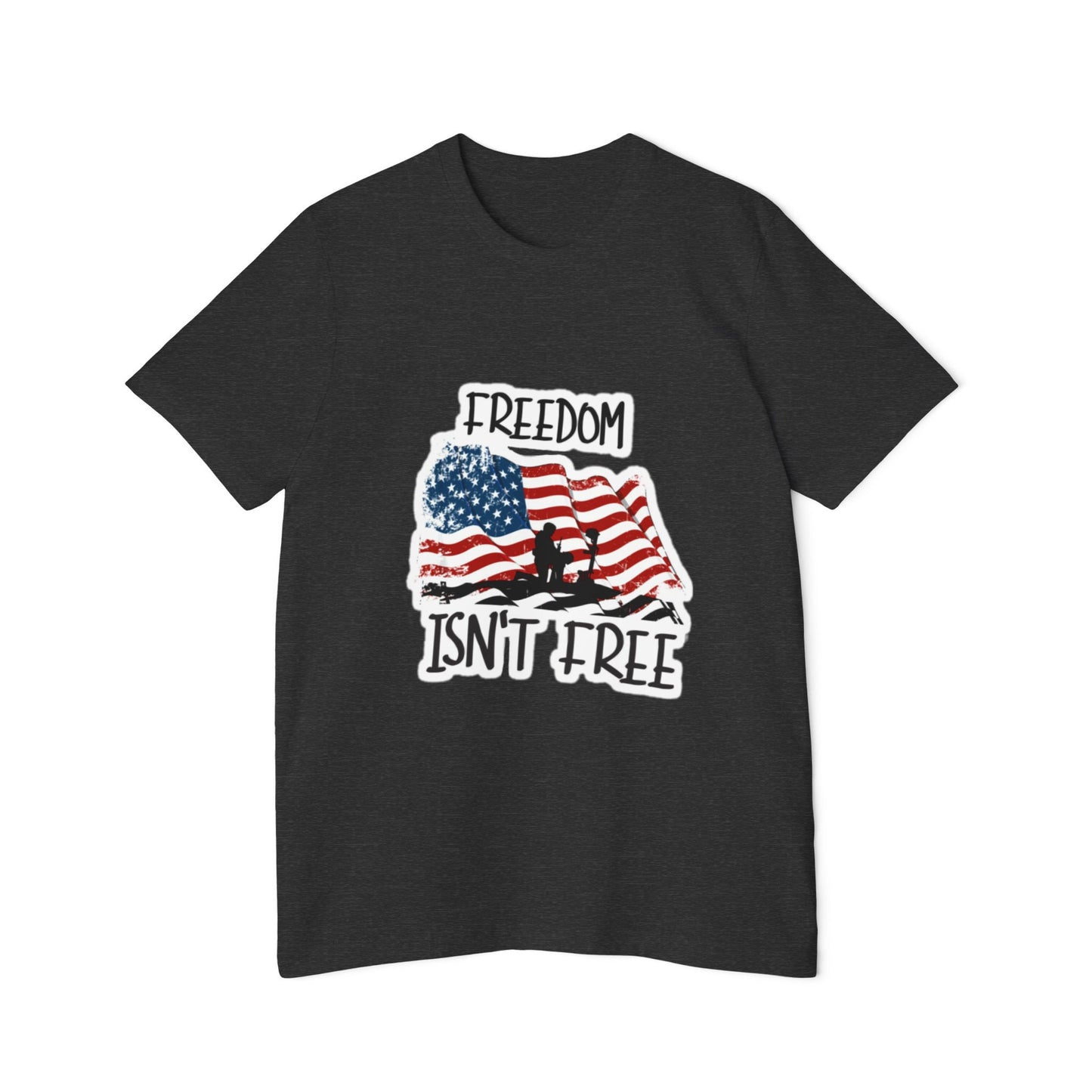 Dark gray T-shirt featuring a graphic of a waving American flag with a soldier silhouette and the text 'FREEDOM ISN'T FREE' in bold, distressed lettering