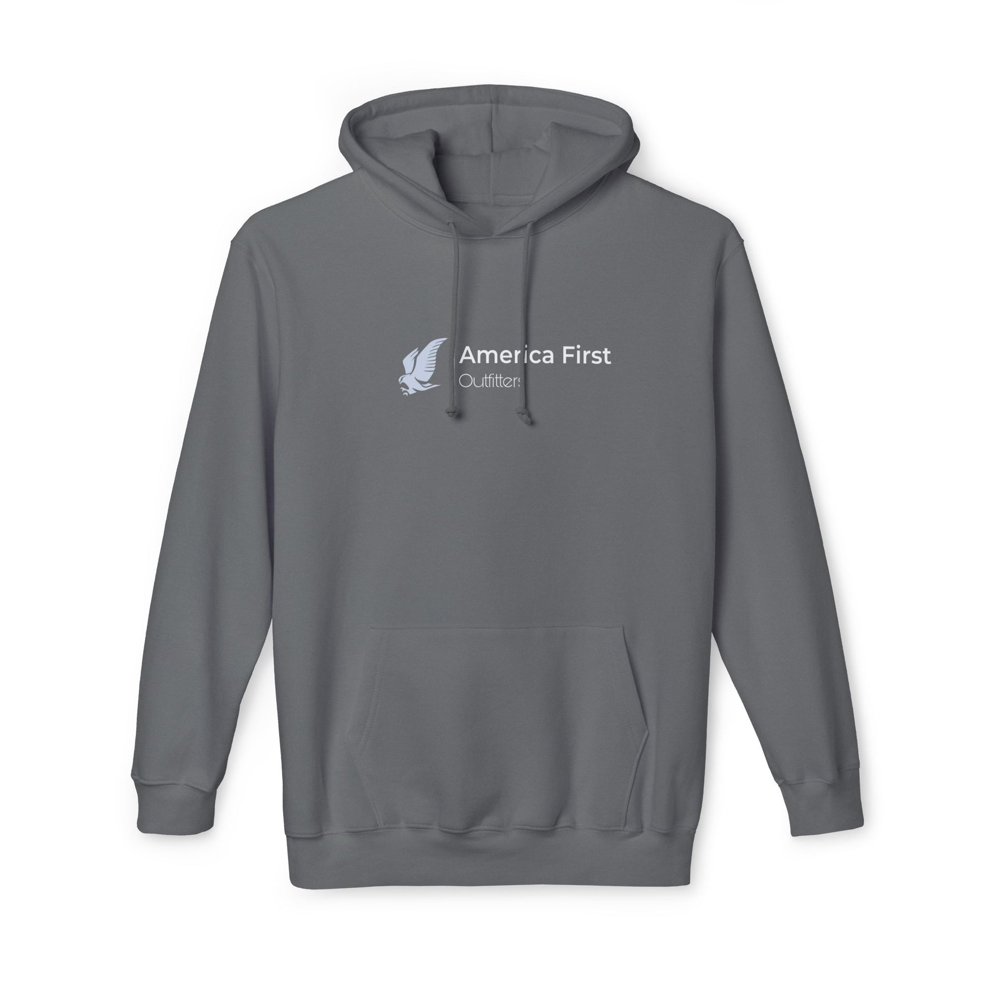 Dark gray hoodie with 'America First Outfitters' text in white, accompanied by an eagle graphic on the left side of the chest