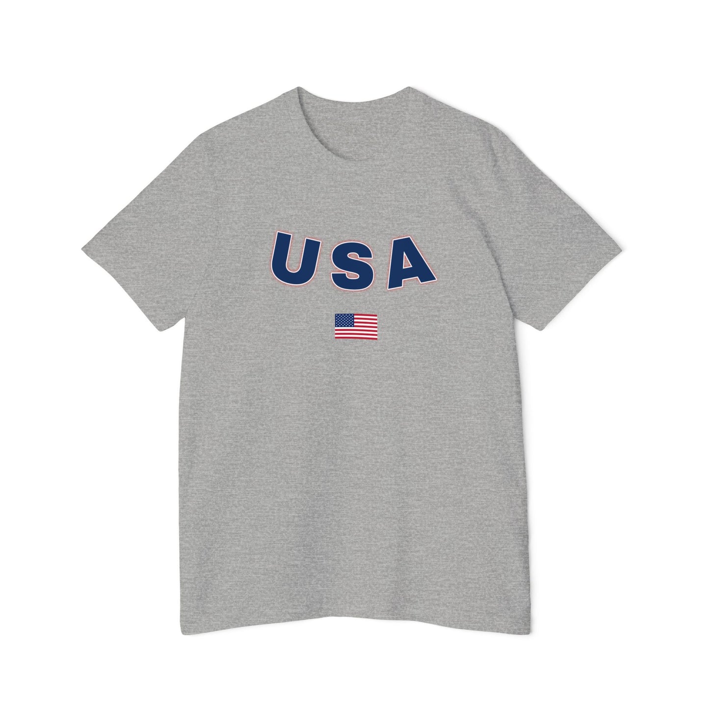 Light gray T-shirt featuring the text 'USA' in bold navy blue letters with a slight red outline across the chest. Below the text, there is a small American flag