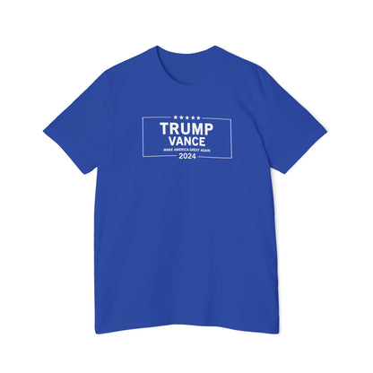 Blue T-shirt with a white graphic design featuring the text 'Trump Vance 2024 Make America Great Again' framed within a rectangular border and five stars above the text