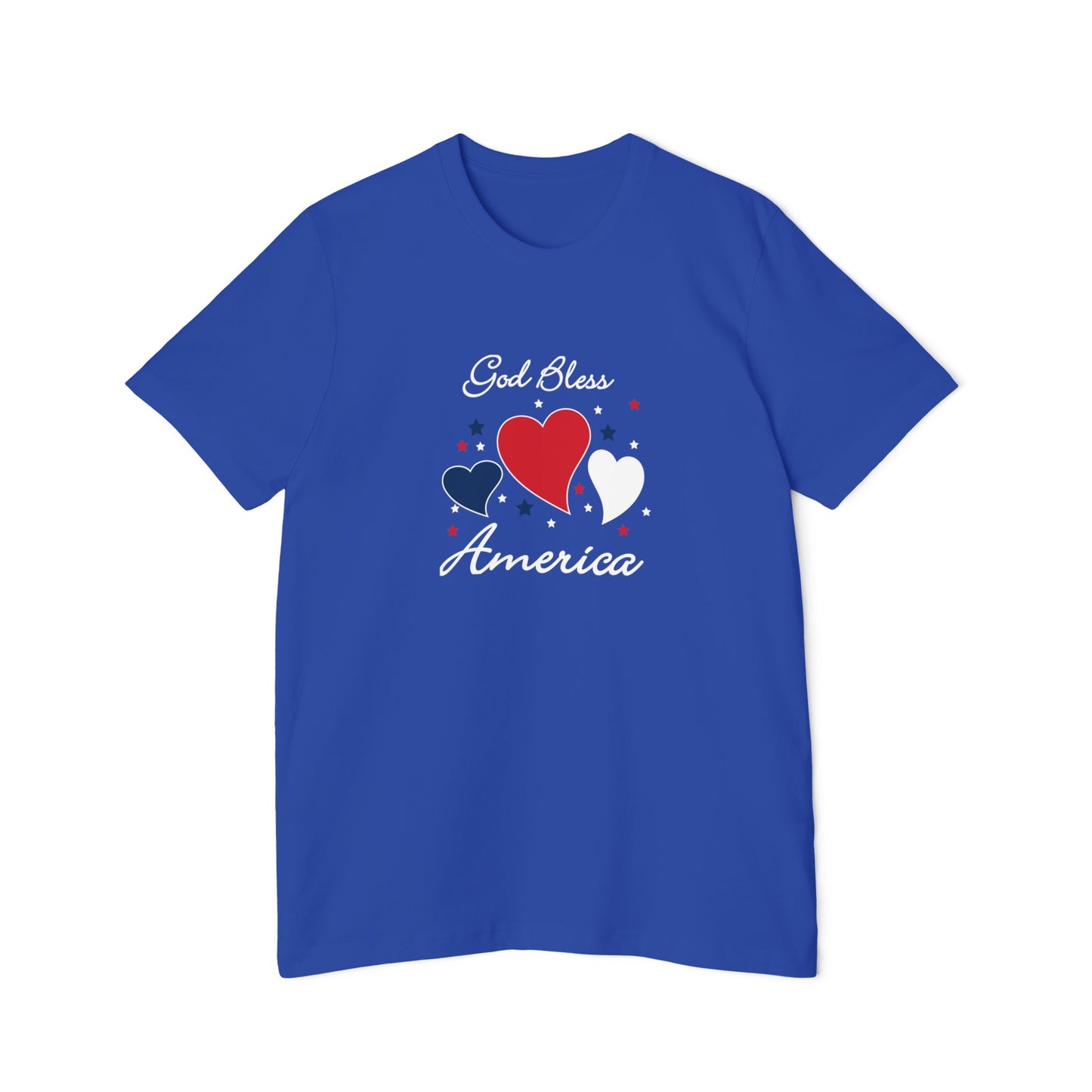 Blue t-shirt with a design showing showing 3 blue, red and white hearts surrounded by blue, red and white stars with the words. God Bless America around the hearts and stars.