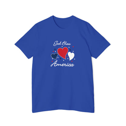 Blue t-shirt with a design showing showing 3 blue, red and white hearts surrounded by blue, red and white stars with the words. God Bless America around the hearts and stars.