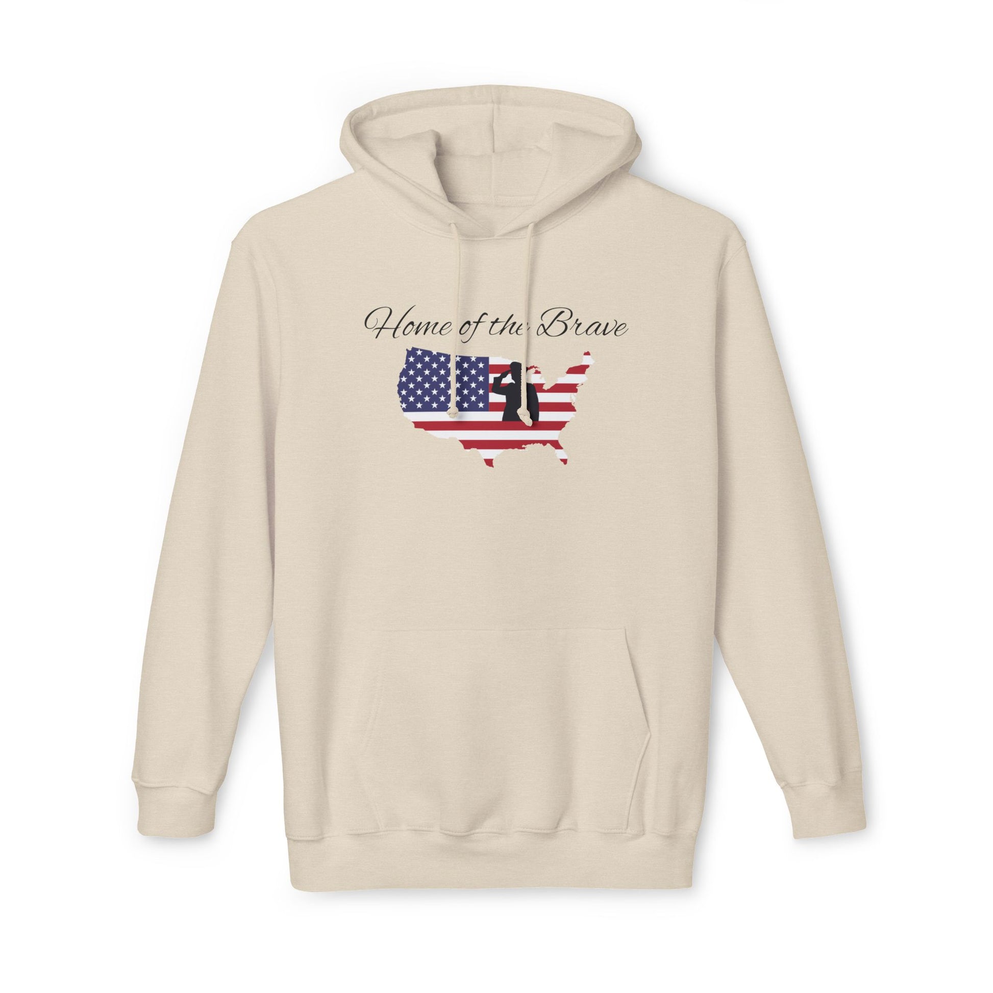 Cream hoodie featuring the phrase 'Home of the Brave' above a silhouette of the United States, with the American flag design filling the silhouette