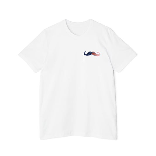 White T-shirt featuring a small mustache graphic on the left chest area. The mustache is styled with an American flag pattern, with one side showing the stars on a blue background and the other side displaying red and white stripes