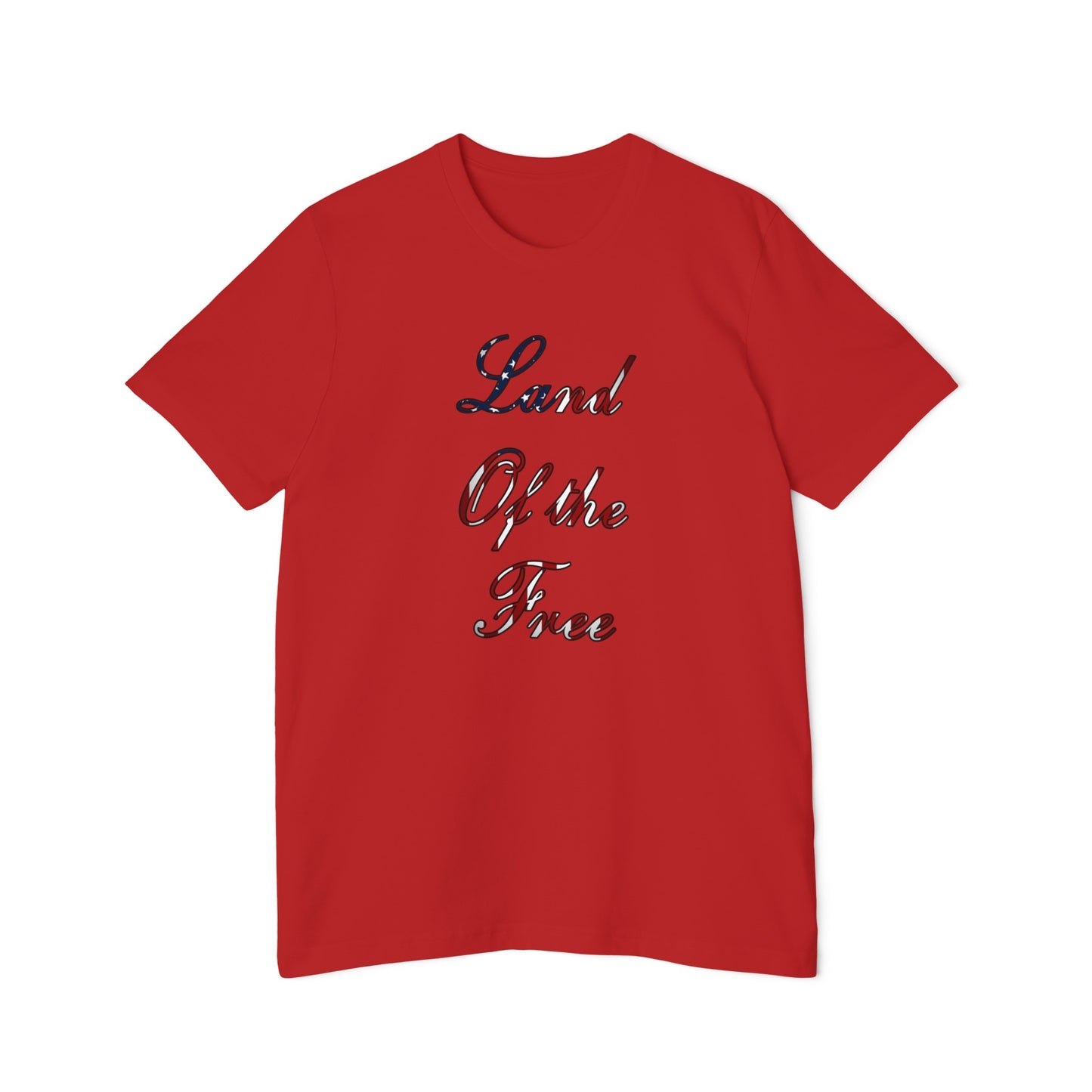 Red T-shirt featuring the phrase 'Land of the Free' written vertically in a script font with a red, white, and blue American flag-themed design