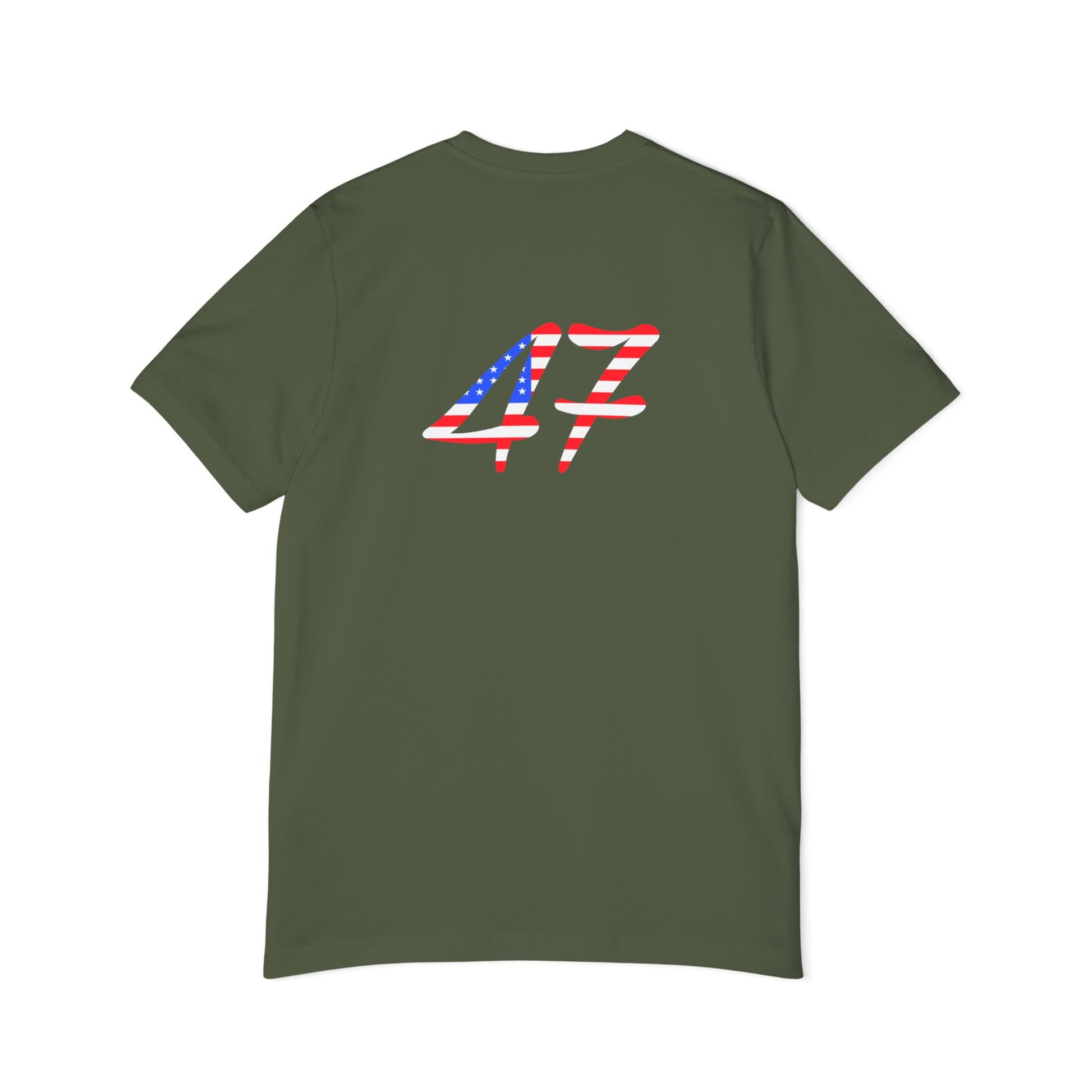 The back of a military green T-shirt featuring the number "47" on it in a bold design filled with American flag colors.