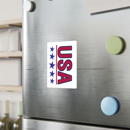 Red USA letters with 5 blue stars underneath car vinyl decal displayed on a wall