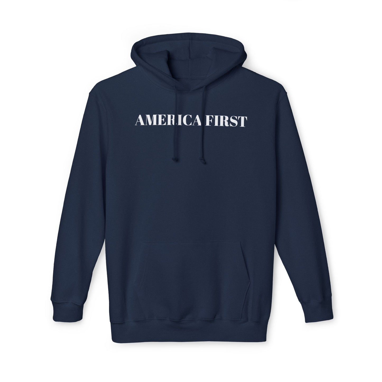 Navy hoodie with 'America First' text in bold white capital letters across the chest