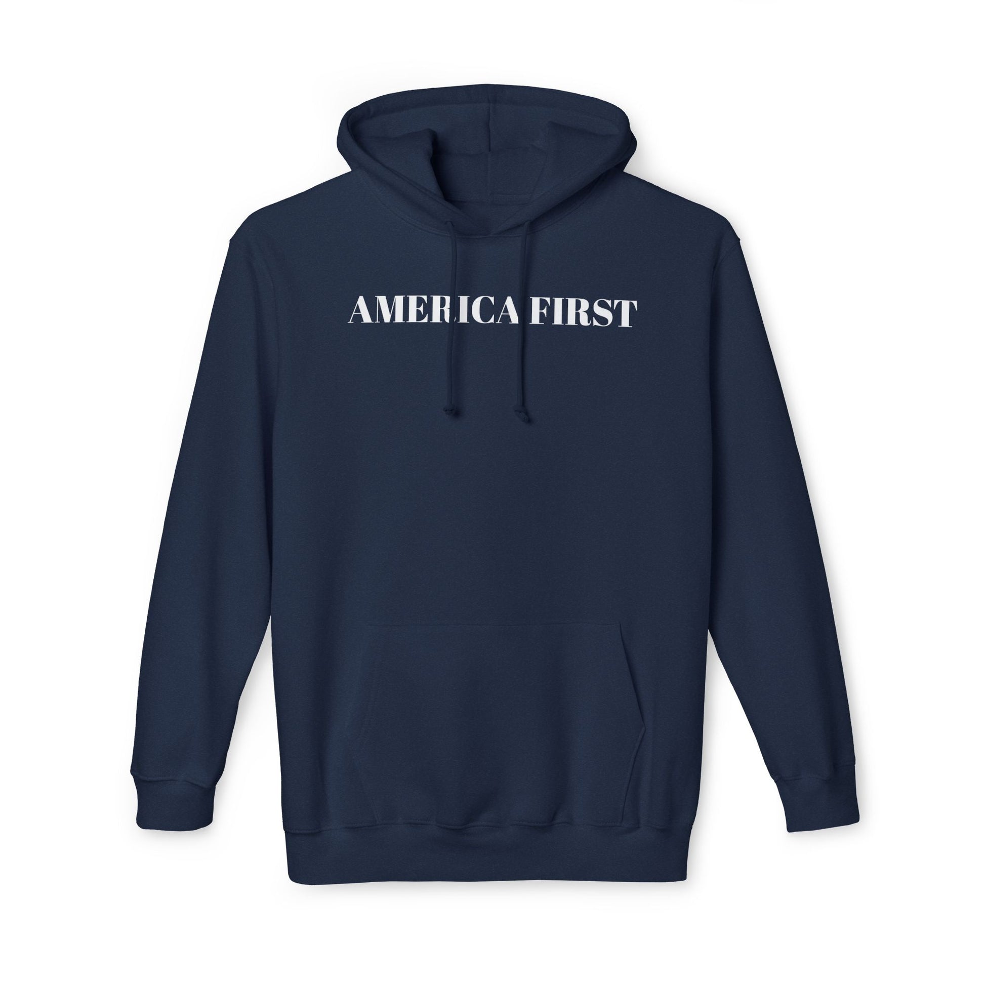 Navy hoodie with 'America First' text in bold white capital letters across the chest