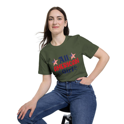 Woman wearing a military green T-shirt with 'All American Girl' text in red and blue, featuring two American flag stars above the text.