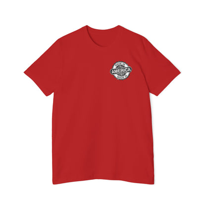 Red T-shirt with a small 'Made in America' badge design on the left chest