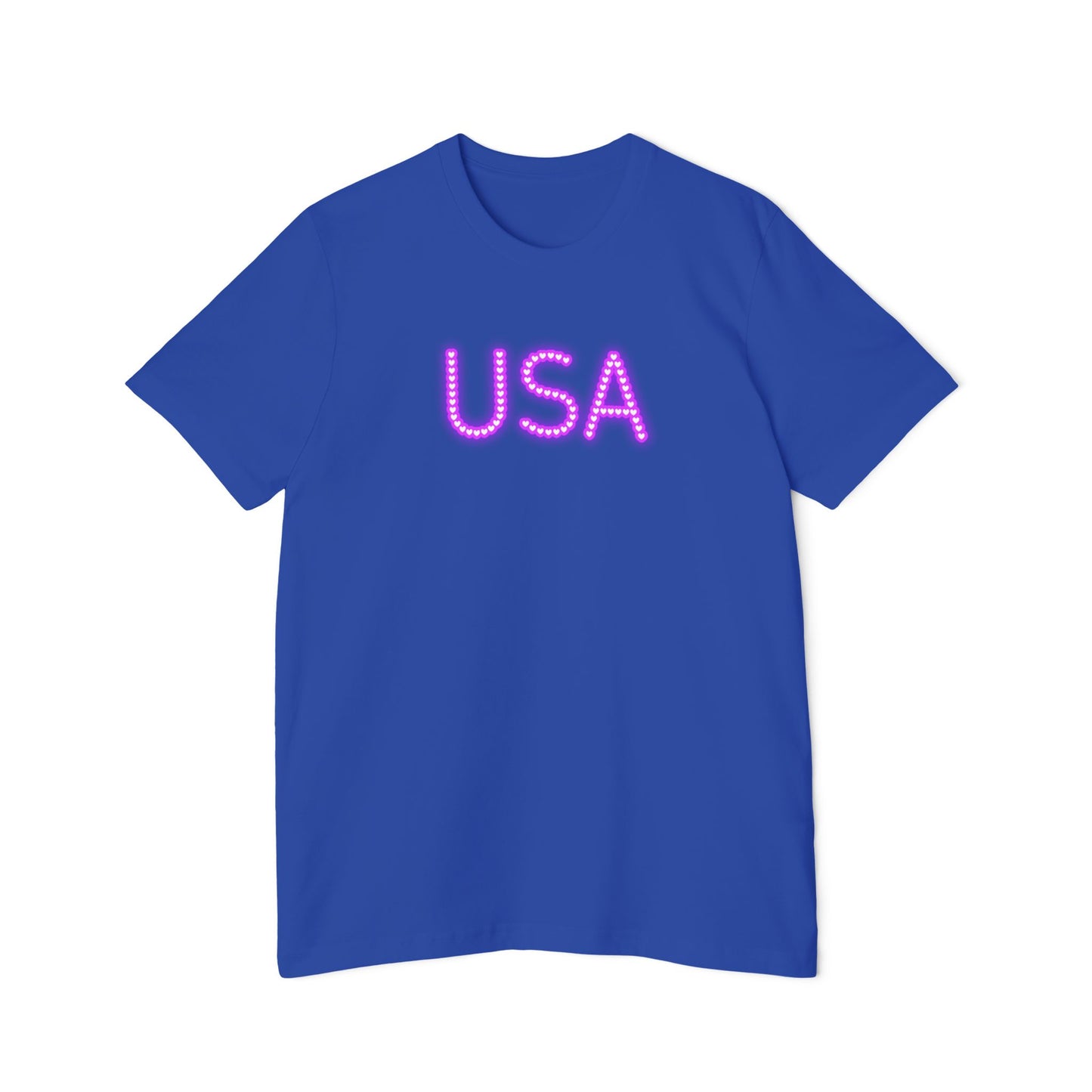 Blue-colored t-shirt featuring the word 'USA' in bold, neon purple letters with a dotted design