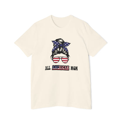 Light Beige T-shirt with 'All American Mom' text in black and American flag colors, featuring a graphic of a woman’s hair in a bun with a stars and stripes bandana and sunglasses