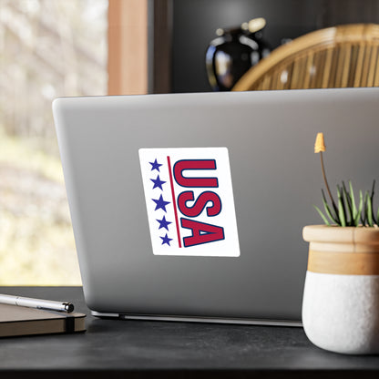 Red USA letters with 5 blue stars underneath car vinyl decal displayed on the back of a laptop