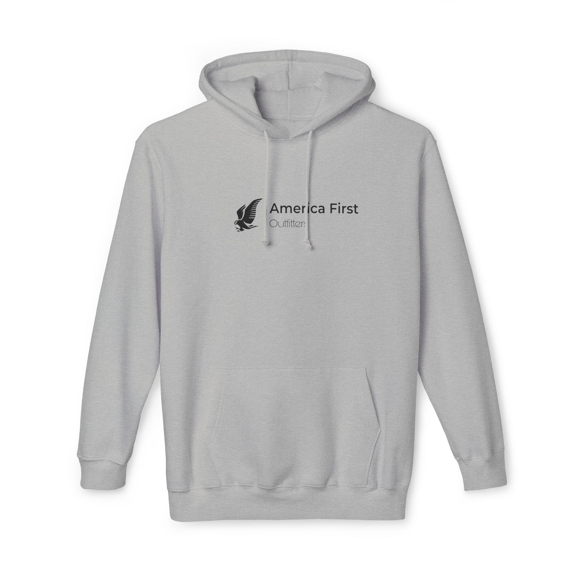 Light gray hoodie with 'America First Outfitters' text in black, accompanied by an eagle graphic on the left side of the chest