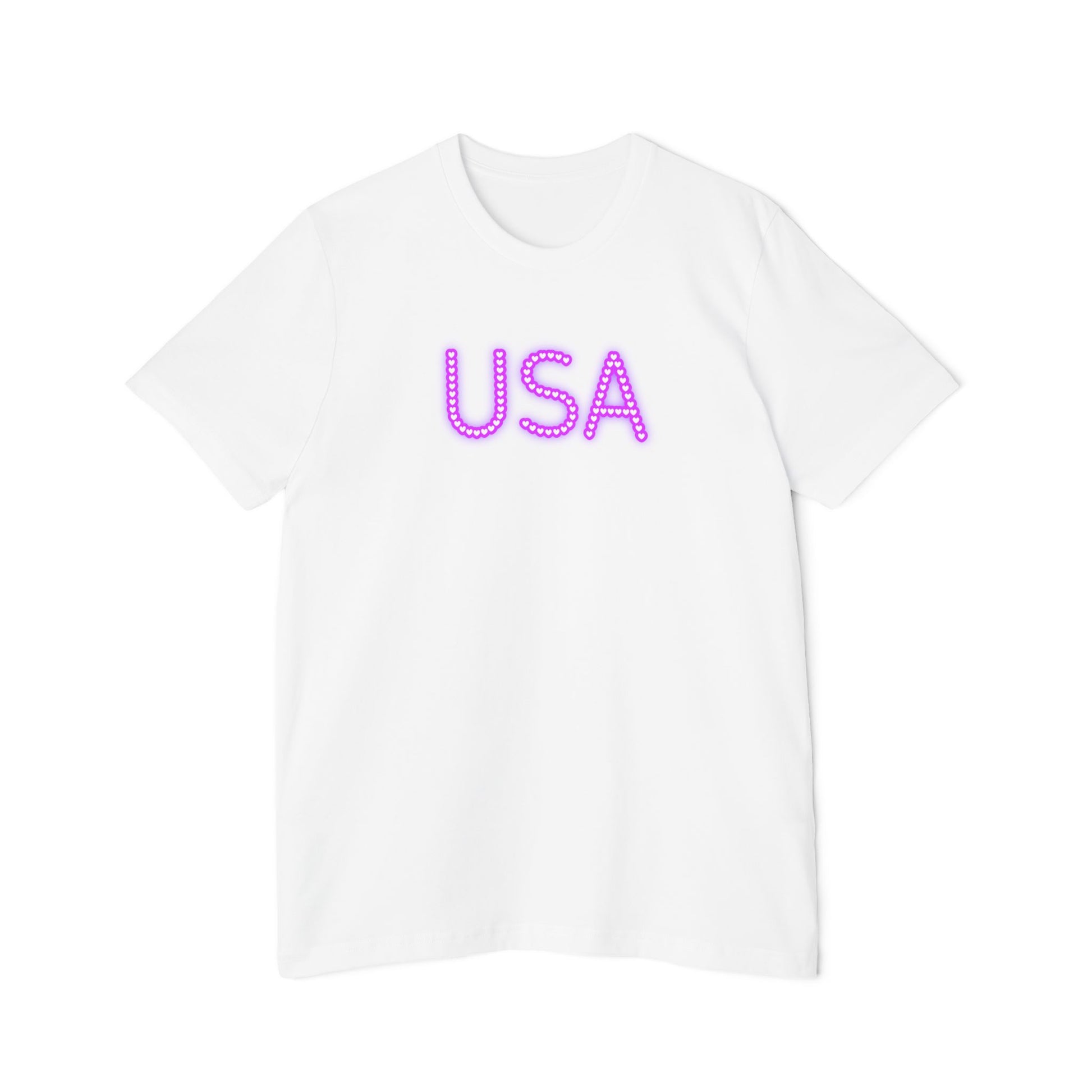 White-colored t-shirt featuring the word 'USA' in bold, neon purple letters with a dotted design