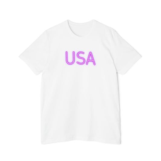 White-colored t-shirt featuring the word 'USA' in bold, neon purple letters with a dotted design