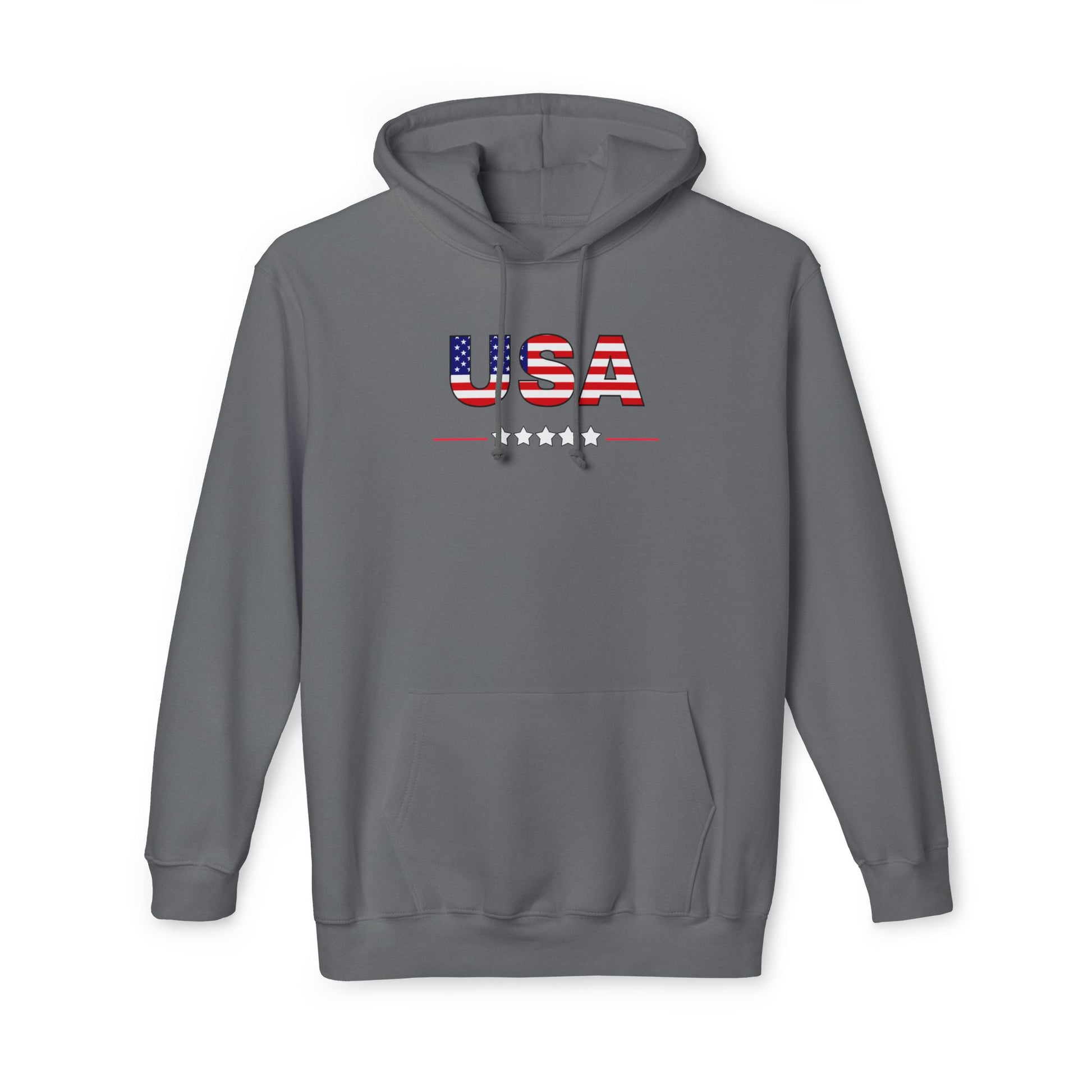 Dark gray hhoodie featuring the text 'USA' in bold letters across the chest, with the letters filled with an American flag pattern. Below the text, there is a line with five stars, reinforcing a patriotic theme