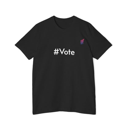 Black t-shirt with the words #Vote on the front. 