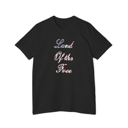 Black T-shirt featuring the phrase 'Land of the Free' written vertically in a script font with a red, white, and blue American flag-themed design