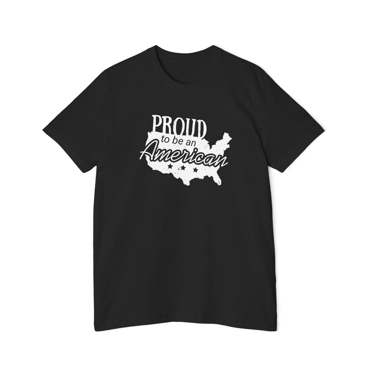 Black T-shirt featuring the phrase 'Proud to be an American' over a white silhouette of the United States map with stars