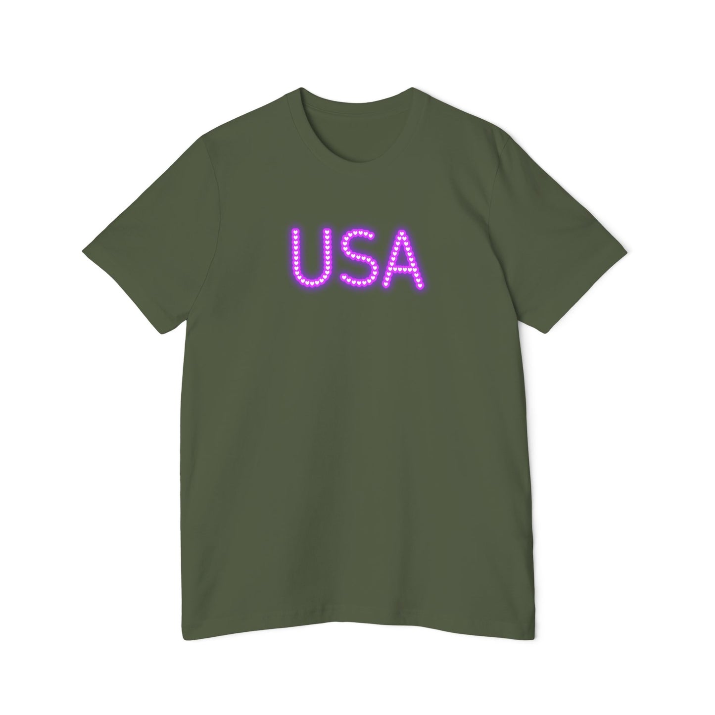 Military green-colored t-shirt featuring the word 'USA' in bold, neon purple letters with a dotted design