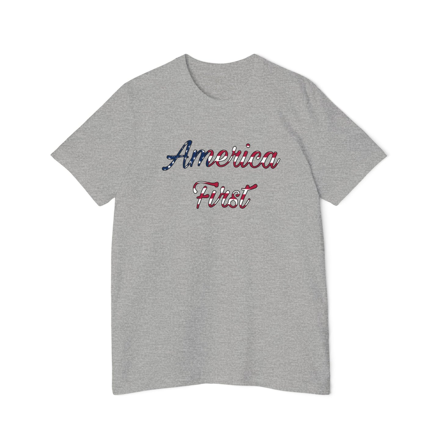 Gray T-shirt with 'America First' text in cursive, featuring an American flag pattern within the lettering