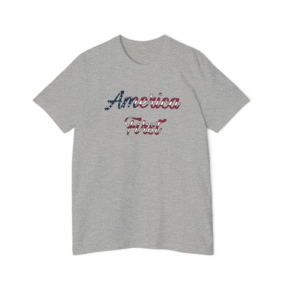 Gray T-shirt with 'America First' text in cursive, featuring an American flag pattern within the lettering