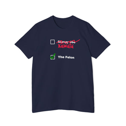 Navy T-shirt featuring a humorous design with two checkboxes. The first checkbox, next to crossed-out text 'Sleepy Joe' and 'Kamala' in red, is empty. The second checkbox, next to the text 'The Felon' in white, has a green checkmark