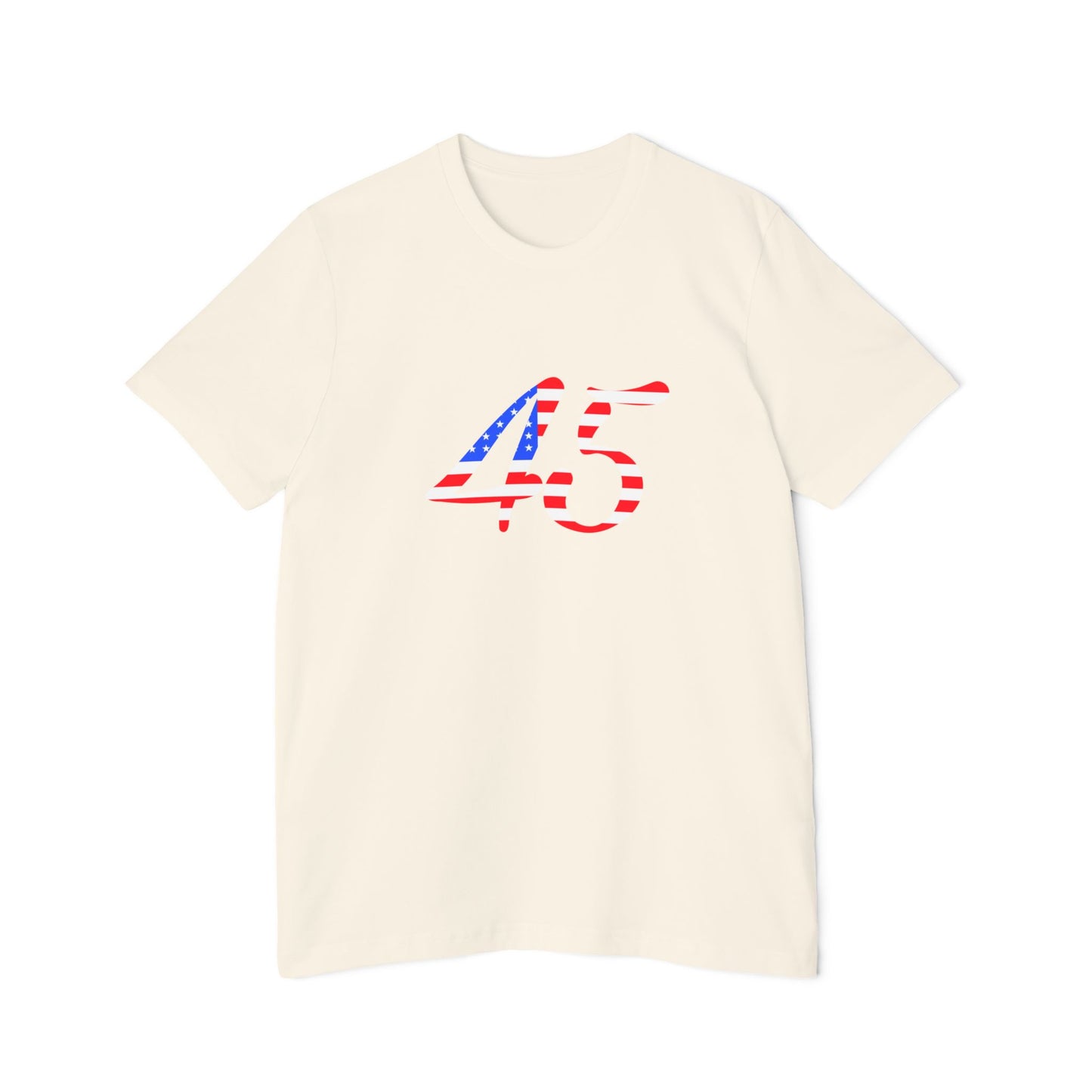 Cream T-shirt featuring the number "45" on the front in a bold design filled with American flag colors.