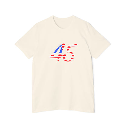 Cream T-shirt featuring the number "45" on the front in a bold design filled with American flag colors.