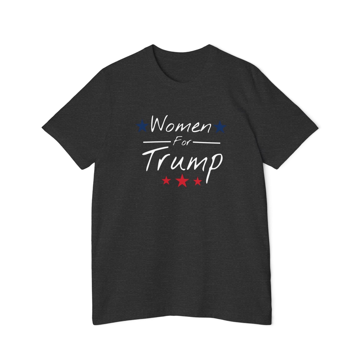 Dark grey Women For Trump T-shirt featuring bold 'Women For Trump' text in a modern, feminine design. Patriotic T-shirt supporting Donald Trump