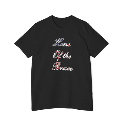 Black T-shirt with the phrase 'Home of the Brave' written in a decorative font, featuring an American flag pattern within the text