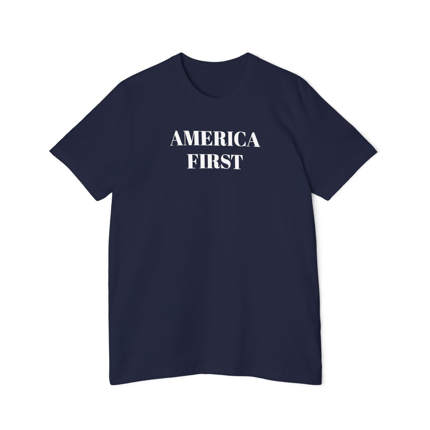 Navy t-shirt with the words 'America First' on the front.