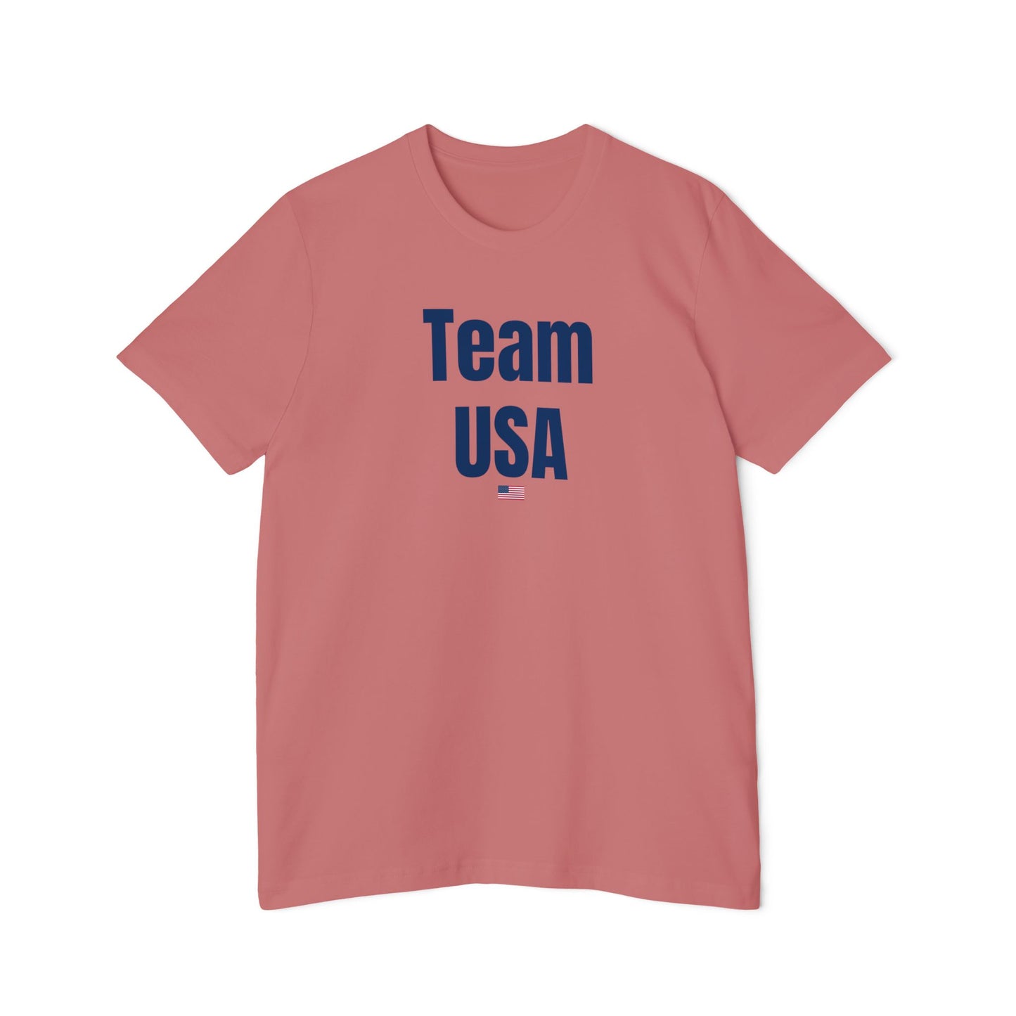 Pink Team USA T-shirt with bold 'Team USA' text and a small USA flag underneath. Simple patriotic design on a classic fit T-shirt.