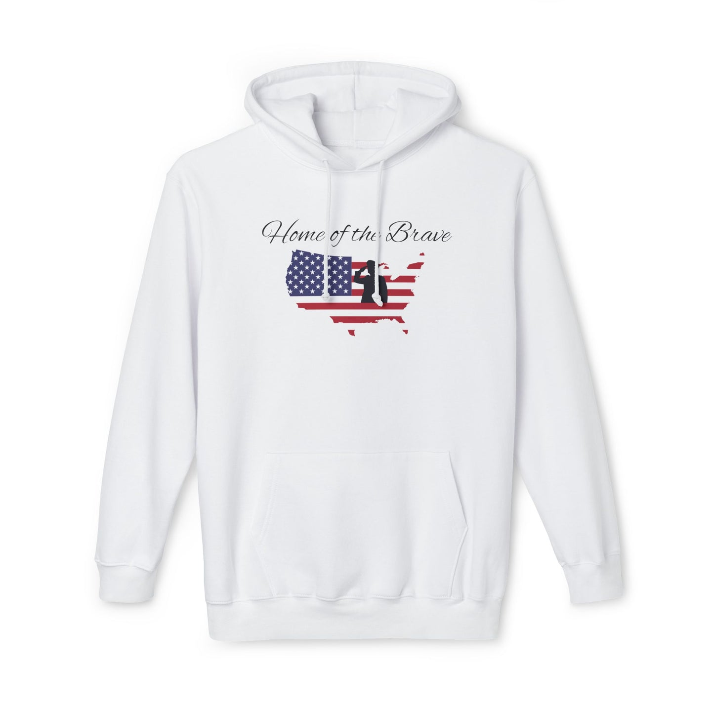 White hoodie featuring the phrase 'Home of the Brave' above a silhouette of the United States, with the American flag design filling the silhouette