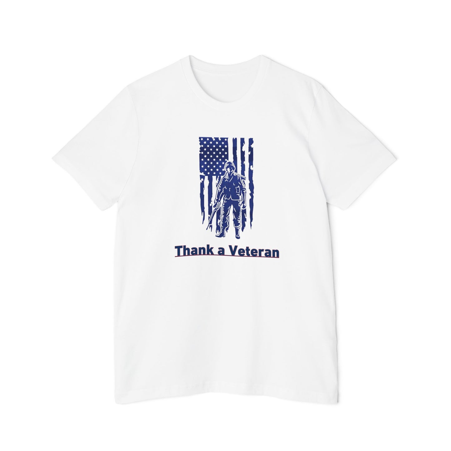 White t-shirt with a design showing a soldier standing in front of a USA flag with the words, Thank A Veteran" below the design. 