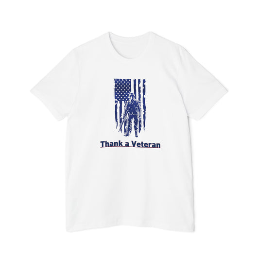 White t-shirt with a design showing a soldier standing in front of a USA flag with the words, Thank A Veteran" below the design. 